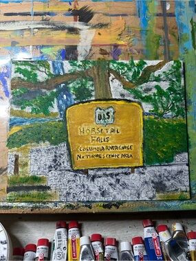 Hand-Painted Yellow Sign Canvas — Horsetail Falls Scene